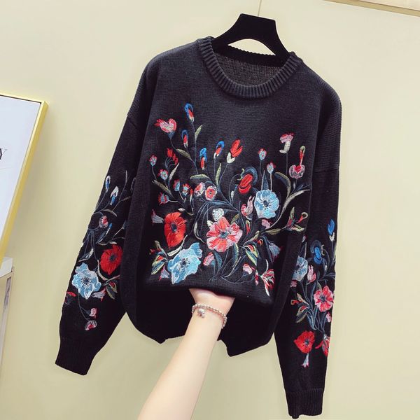 black knit vintage jumper womens flower heavy industry embroidery loose slim knitting pullover sweater women's thin swe vq4d, White;black
black knit vintage jumper womens flower heavy industry embroidery loose slim knitting pullover sweater women's thin swe vq4d, White;black