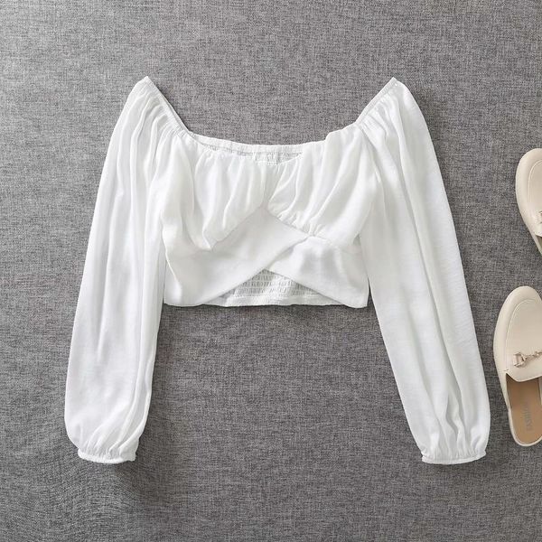 women's t-shirt women one word collar long sleeves white vintage cropped hem slim short chic female
women's t-shirt women one word collar long sleeves white vintage cropped hem slim short chic female