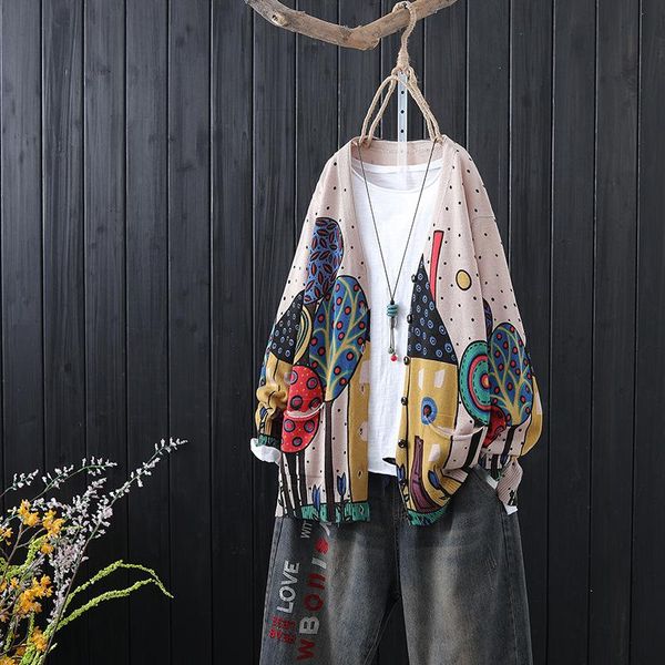 women's jackets 2021 spring retro literary plus size loose printed sweater ethnic style knitted cardigan, Black;brown
women's jackets 2021 spring retro literary plus size loose printed sweater ethnic style knitted cardigan, Black;brown