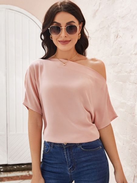 solid asymmetrical neck blouse v6tx#, White