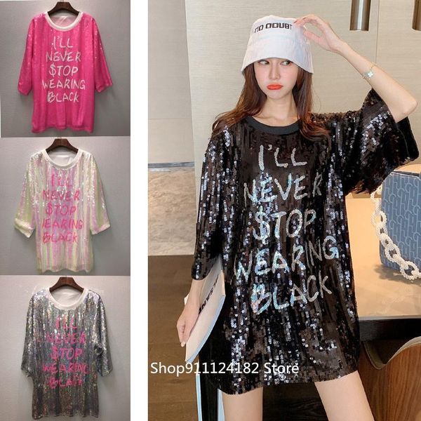 women's t-shirt european station short-sleeved sequined round neck mid-length loose ins net red personality pattern trendy, White
women's t-shirt european station short-sleeved sequined round neck mid-length loose ins net red personality pattern trendy, White