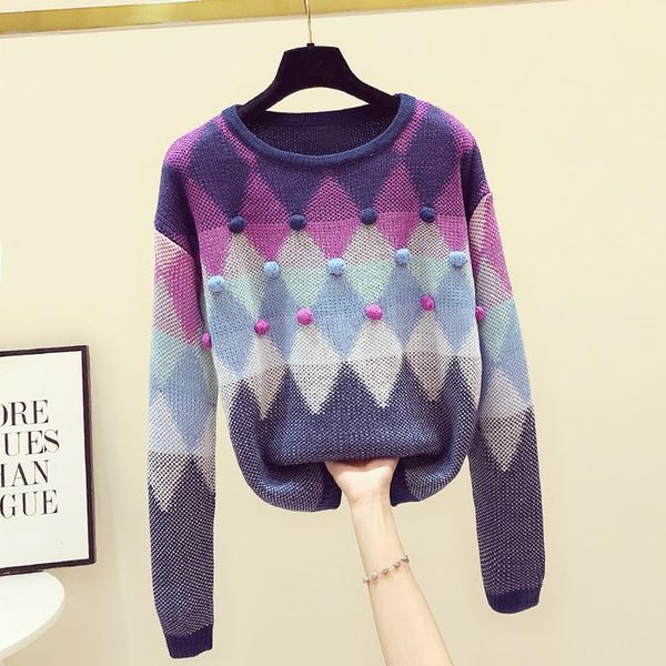 women's sweaters 2021 autumn winter fur ball three-dimensional sweater hit color lattice loose girls students knit pullovers, White;black
women's sweaters 2021 autumn winter fur ball three-dimensional sweater hit color lattice loose girls students knit pullovers, White;black