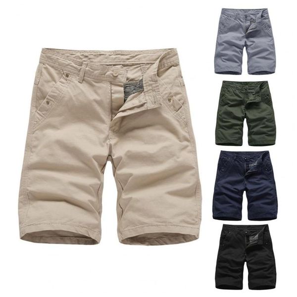 casual men shorts solid color multi pockets mid rise knee-length straight trousers for work, White;black 
casual men shorts solid color multi pockets mid rise knee-length straight trousers for work, White;black