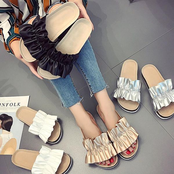 slippers summer fashion pleated design women solid color ladies flat sandals pu leather beach slides, Black
slippers summer fashion pleated design women solid color ladies flat sandals pu leather beach slides, Black