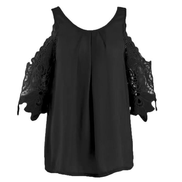 solid color women shirt cold shoulder o neck female tank hollow lacy sleeve pleat lady blouse top, White
solid color women shirt cold shoulder o neck female tank hollow lacy sleeve pleat lady blouse top, White
