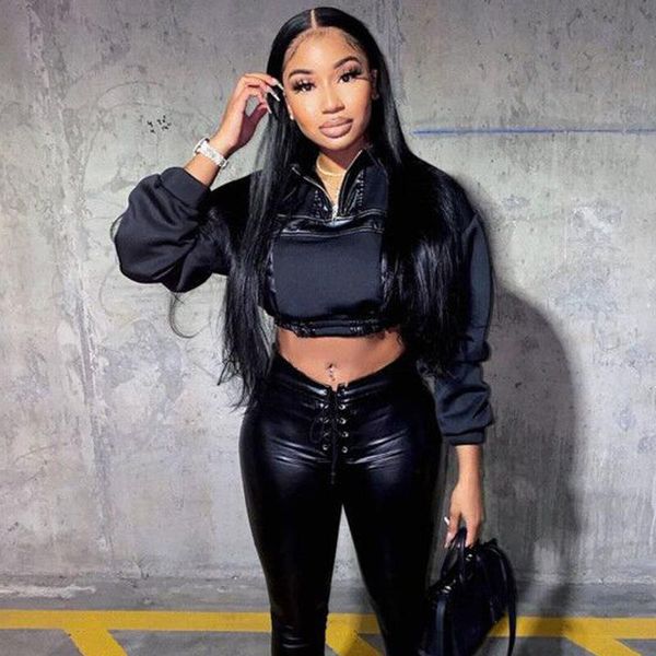 women's hoodies & sweatshirts 2021 fashion pu leather stitching zipper stand collar long sleeve pullover short loose casual sports temp, Black
women's hoodies & sweatshirts 2021 fashion pu leather stitching zipper stand collar long sleeve pullover short loose casual sports temp, Black
