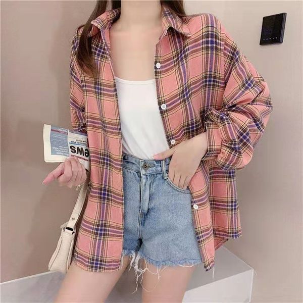 2021 new korean style womens blouse spring autumn cotton shirts fashion plaid pattern single breasted loose oversize blouses, White
2021 new korean style womens blouse spring autumn cotton shirts fashion plaid pattern single breasted loose oversize blouses, White