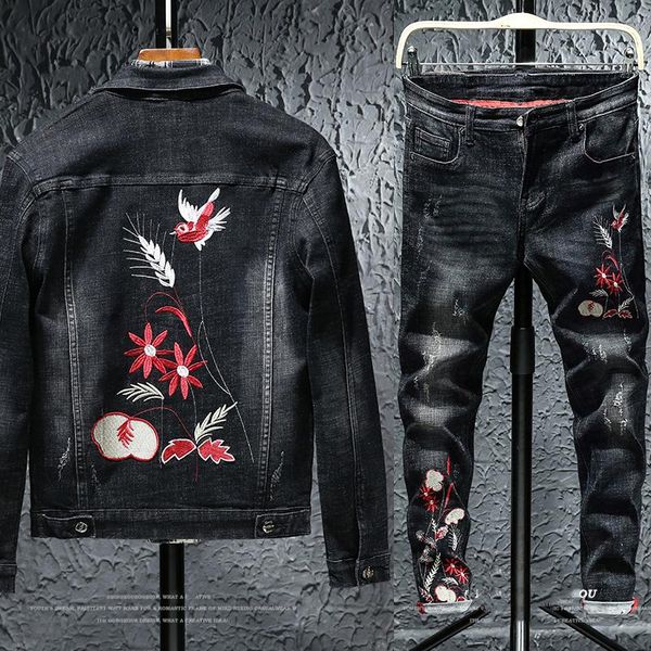 men's tracksuits 2021 autumn bird floral embroidery turn down collar black denim jackets + jeans pants tracksuit male casual 2 piece se, Gray
men's tracksuits 2021 autumn bird floral embroidery turn down collar black denim jackets + jeans pants tracksuit male casual 2 piece se, Gray