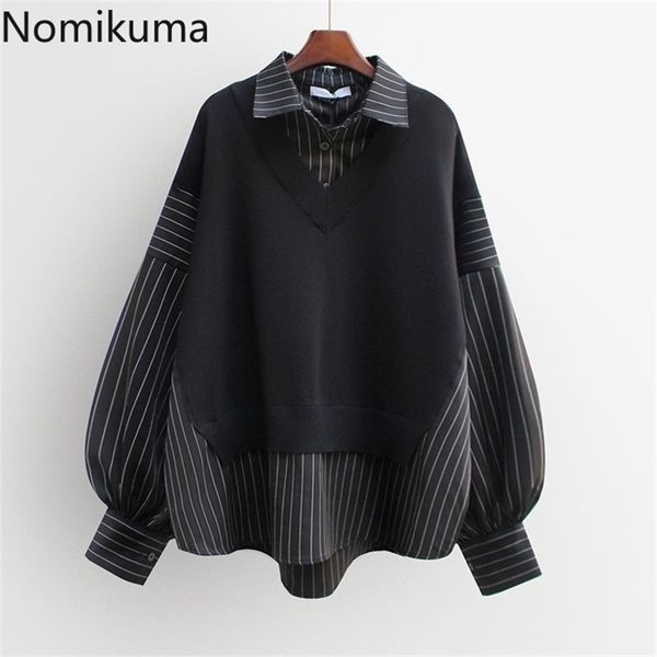 nomikuma autumn fake two pieces women sweatshirt stripe patchwork long sleeve turn-down collar causal hoodies lj201130, Black
nomikuma autumn fake two pieces women sweatshirt stripe patchwork long sleeve turn-down collar causal hoodies lj201130, Black