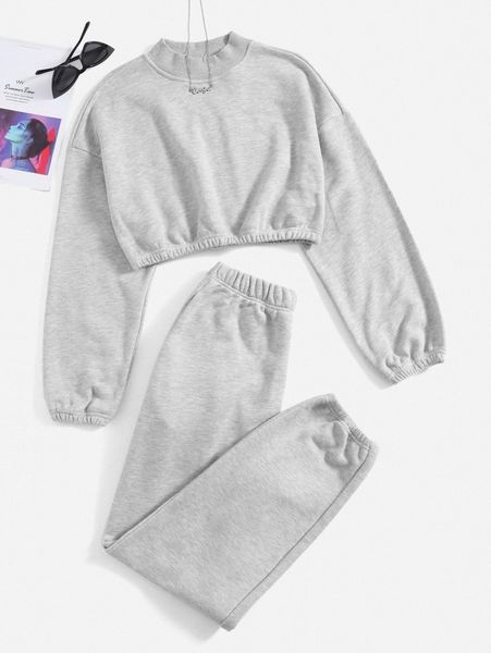 mock neck solid crop pullover & joggers set 30tn#, White