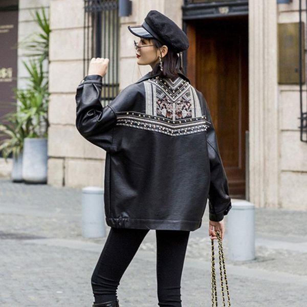 women's leather & faux jacket women coat autumn fringed rivet punk pu basic motorcycle outwear lady embroidery spring py133, Black
women's leather & faux jacket women coat autumn fringed rivet punk pu basic motorcycle outwear lady embroidery spring py133, Black