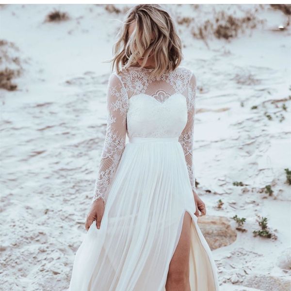 beach bohemian chiffon lace wedding dresses 2021 illusion long sleeve side slit backless boho wedding bride gowns a line vestido de novia, White
beach bohemian chiffon lace wedding dresses 2021 illusion long sleeve side slit backless boho wedding bride gowns a line vestido de novia, White