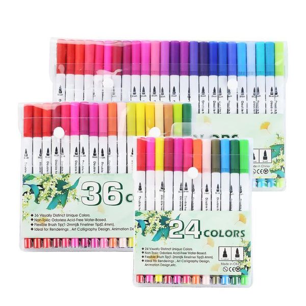 

12/24/36/48/80/100pcs colors fineliner drawing painting watercolor art marker pens for calligraphy dual tip brush pe qylbex