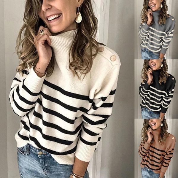 women's sweaters 2021 autumn and winter style sweater high neck pullover shoulder strap buttoned striped women, White;black
women's sweaters 2021 autumn and winter style sweater high neck pullover shoulder strap buttoned striped women, White;black