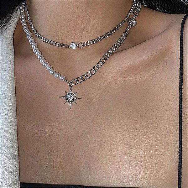 pendant necklaces punk vintage shiny eight-pointed star for women imitation pearl clavicle chain necklace metal choker, Silver
pendant necklaces punk vintage shiny eight-pointed star for women imitation pearl clavicle chain necklace metal choker, Silver