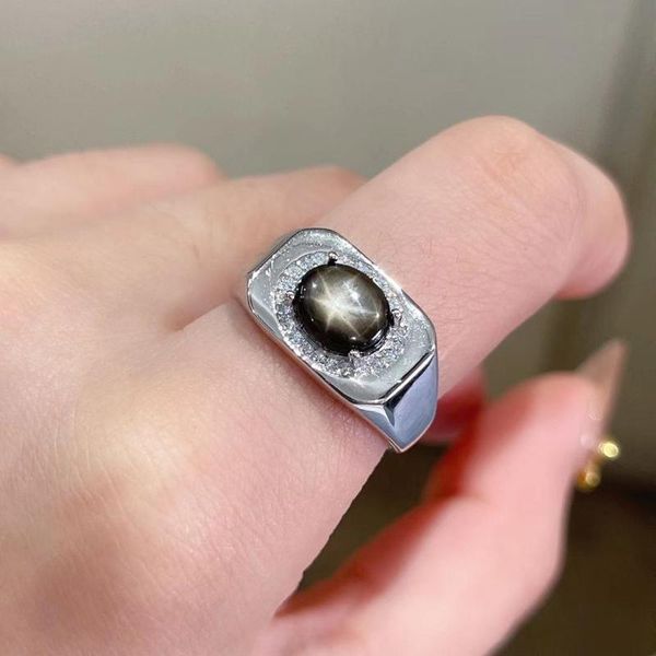 cluster rings masculine ring black star sapphire gemstone for men 925 sterling silver birthday party daily gift souvenir love, Golden;silver