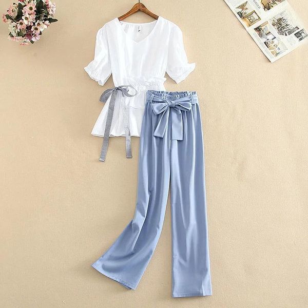 women's two piece pants women 2021 summer fashion two-piece suits female solid color v-neck ladies loose casual bow wide-leg sets k40, White
women's two piece pants women 2021 summer fashion two-piece suits female solid color v-neck ladies loose casual bow wide-leg sets k40, White