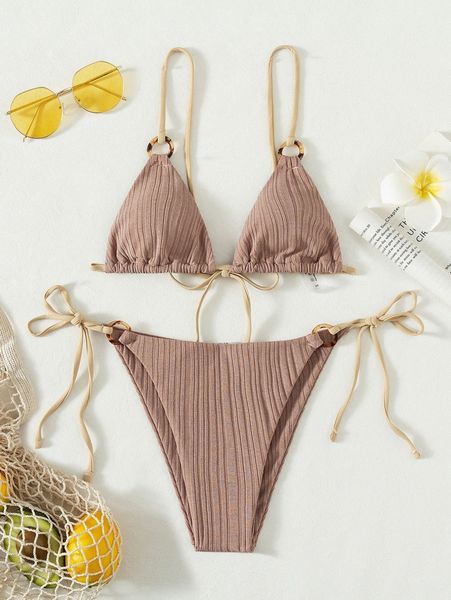 ring linked triangle tie side bikini swimsuit j7kr#, White;black