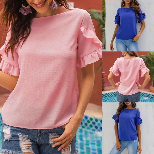 women's t-shirt solid color petal sleeve casual loose pullover round neck ruffle, White
women's t-shirt solid color petal sleeve casual loose pullover round neck ruffle, White