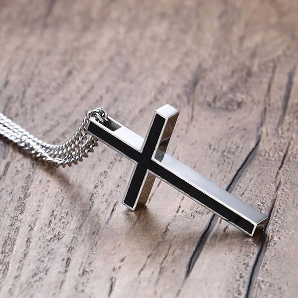 budrovky classic black jesus cross necklaces pendants women men stainless steel prayer crucifix male chocker chaindio chan contact, Silver
