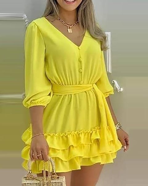 casual dresses elegant office lady fashion outfits plain lace up ruffles frill hem v neck mini dress, Black;gray
casual dresses elegant office lady fashion outfits plain lace up ruffles frill hem v neck mini dress, Black;gray