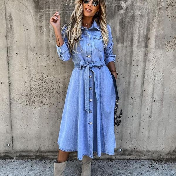 casual dresses women lapel single-breasted denim long dress 2021 autumn elegant solid pocket buttons high waist belted lady party, Black;gray
casual dresses women lapel single-breasted denim long dress 2021 autumn elegant solid pocket buttons high waist belted lady party, Black;gray