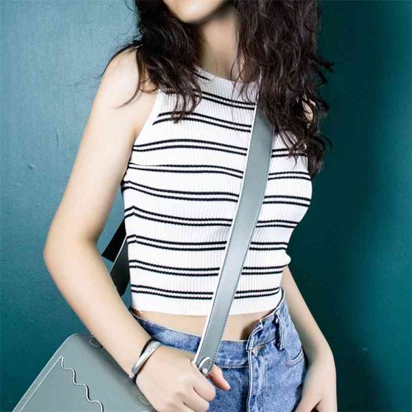 high stretch sweater women summer vest sleeveless girls striped cropped shirts camisole womens clothing short pull 210601, White 
high stretch sweater women summer vest sleeveless girls striped cropped shirts camisole womens clothing short pull 210601, White