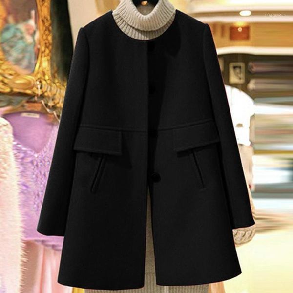 women's wool & blends women winter long sleeve o neck button pocket plus size loose woolen trench coat, Black
women's wool & blends women winter long sleeve o neck button pocket plus size loose woolen trench coat, Black