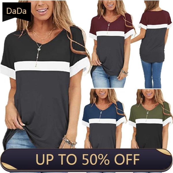 women's t-shirt dada solid color round neck short-sleeved contrast stitching graphic tee t shirts women, White
women's t-shirt dada solid color round neck short-sleeved contrast stitching graphic tee t shirts women, White