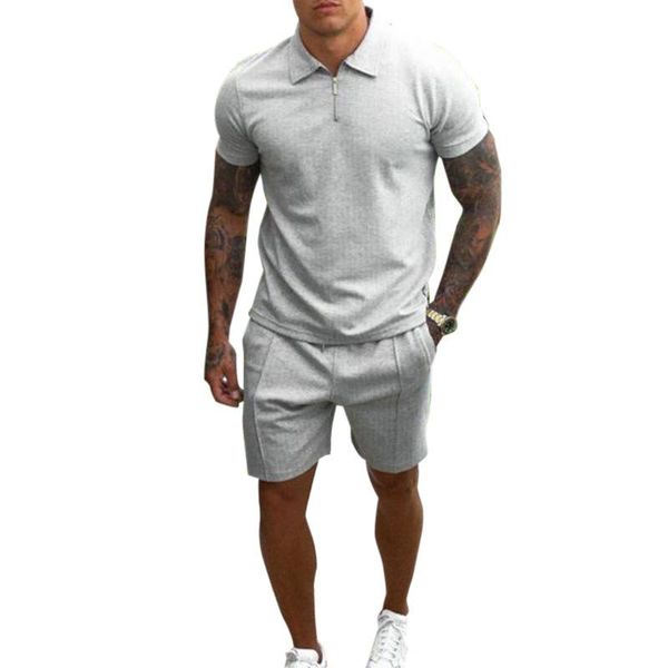 men's tracksuits men cotton zipper short sleeve shirt shorts 2-piece set 2021 summer lapel solid color suit fabric sports slim fit -40, Gray 
men's tracksuits men cotton zipper short sleeve shirt shorts 2-piece set 2021 summer lapel solid color suit fabric sports slim fit -40, Gray