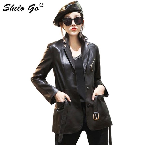 women's leather & faux streetwear notched neck buckle belted solid blazer women casual office lady buttos front genuine coat sheepskin, Black
women's leather & faux streetwear notched neck buckle belted solid blazer women casual office lady buttos front genuine coat sheepskin, Black