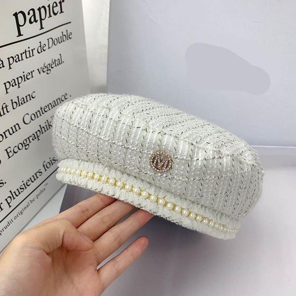 berets 202109-shi autumn france style classic plaid pearl ribbon lady beret hat women leisure painter, Blue;gray