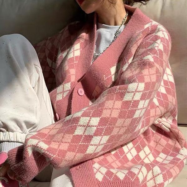 women's knits & tees 2021 spring and autumn plaid college style sweater knitted cardigan women lazy retro diamond all-match outer wear, White
women's knits & tees 2021 spring and autumn plaid college style sweater knitted cardigan women lazy retro diamond all-match outer wear, White