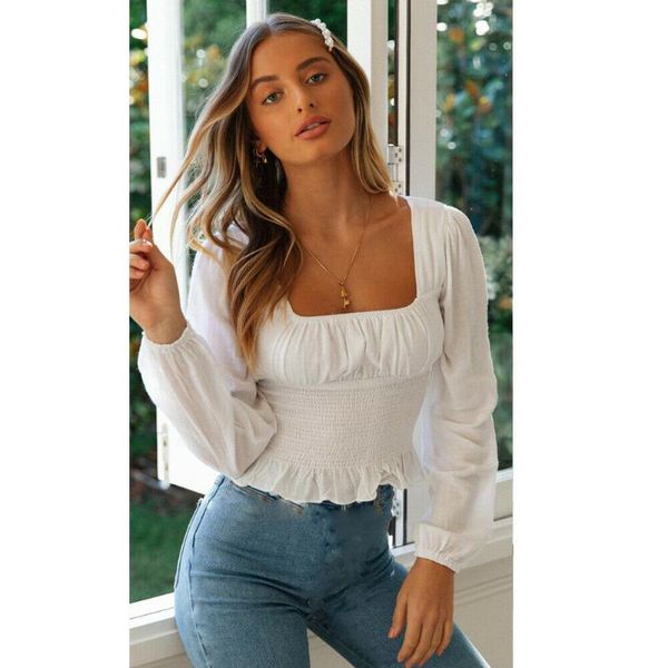 women's blouses & shirts 2021 fashion women summer beach short blouse ladies slim long sleeve square neck, White
women's blouses & shirts 2021 fashion women summer beach short blouse ladies slim long sleeve square neck, White