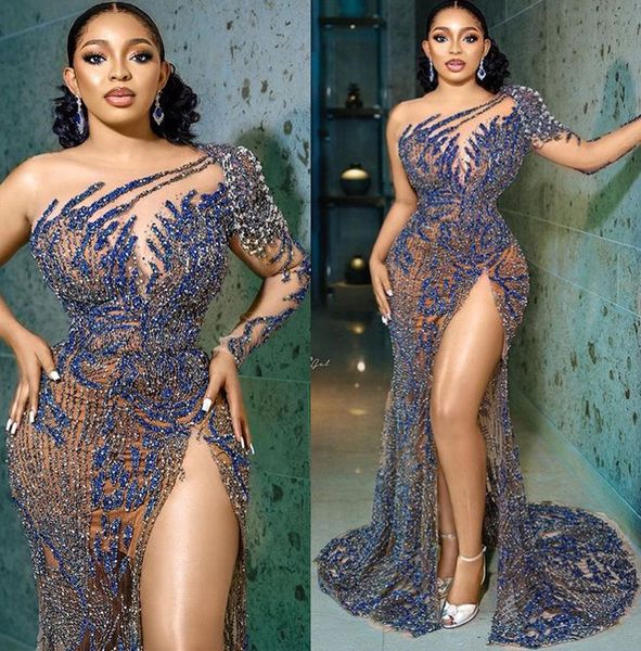 2022 plus size arabic aso ebi sparkly luxurious mermaid prom dresses sheer neck beaded evening formal party second reception gowns dress zj7