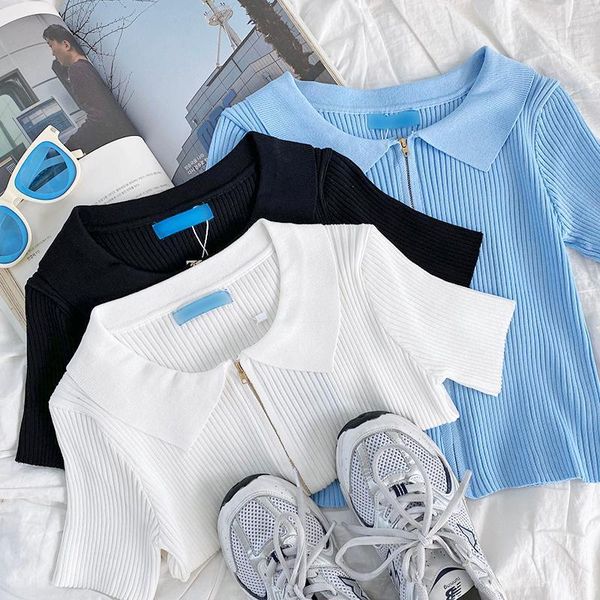 women's t-shirt retro zipper summer light blue turn-down collar slim short section knitted, White
women's t-shirt retro zipper summer light blue turn-down collar slim short section knitted, White