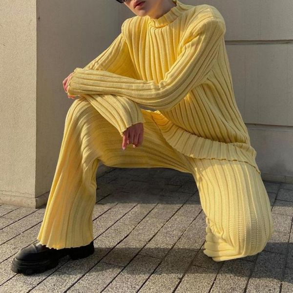 women's two piece pants women outfit 2021 collar sweater set shoulder pad ribbed long sleeve floor-length streetwear, White
women's two piece pants women outfit 2021 collar sweater set shoulder pad ribbed long sleeve floor-length streetwear, White