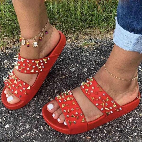 slippers gold metal spikes women flat shoes open toe rivets double band sandals, Black
slippers gold metal spikes women flat shoes open toe rivets double band sandals, Black