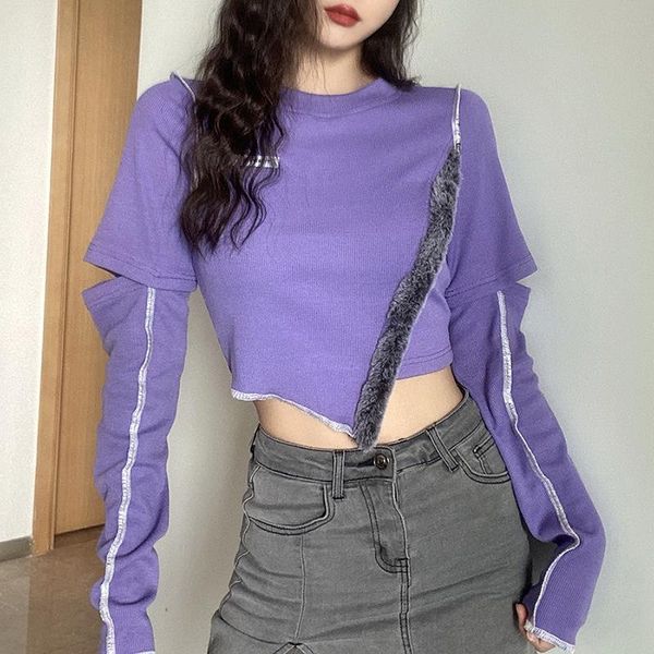 women's t-shirt women patchwork t shirt crop streetwear fall cutout long sleeve round neck stitching irregular hem exposed navel, White
women's t-shirt women patchwork t shirt crop streetwear fall cutout long sleeve round neck stitching irregular hem exposed navel, White