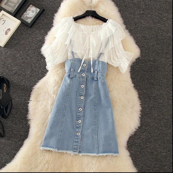 fashion chiffon blouses denim suspender skirt 2 pieces sets women casual sweet short sleeve and a line mini skirts, Gray
fashion chiffon blouses denim suspender skirt 2 pieces sets women casual sweet short sleeve and a line mini skirts, Gray
