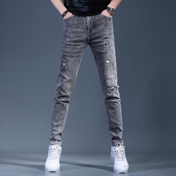 men's jeans fashion printed ripped men 2021 streetwear gray slim fit pencil pants, Blue