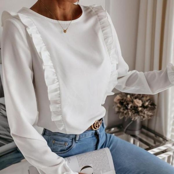 women's blouses & shirts spring autumn o neck ruffle blouse elegant office lady back metal buttons casual women long sleeve blusa, White
women's blouses & shirts spring autumn o neck ruffle blouse elegant office lady back metal buttons casual women long sleeve blusa, White