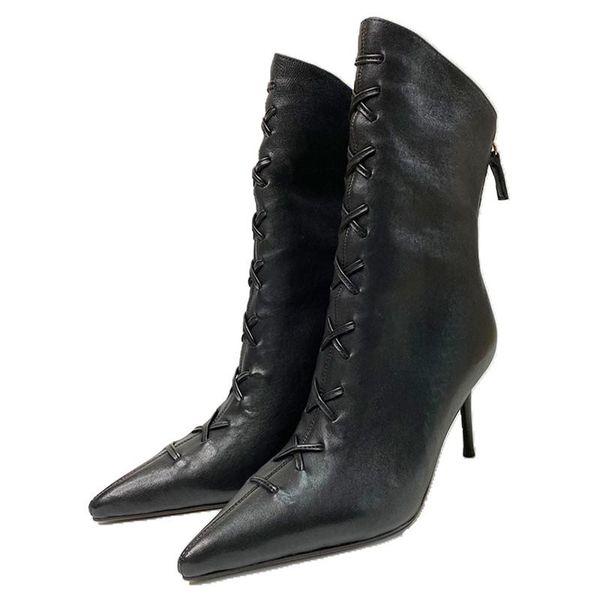boots ladies pointed toe thin heel zipper ankle women genuine leather handmade shoes stilettos feminine cross tied, Black
boots ladies pointed toe thin heel zipper ankle women genuine leather handmade shoes stilettos feminine cross tied, Black
