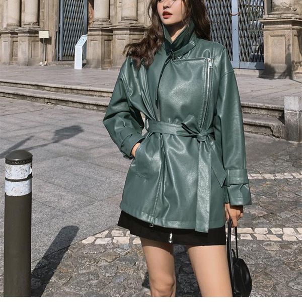 women's leather & faux spring autumn women pu casual streetwear outwear motorcycle jacket with belt green biker coat, Black
women's leather & faux spring autumn women pu casual streetwear outwear motorcycle jacket with belt green biker coat, Black