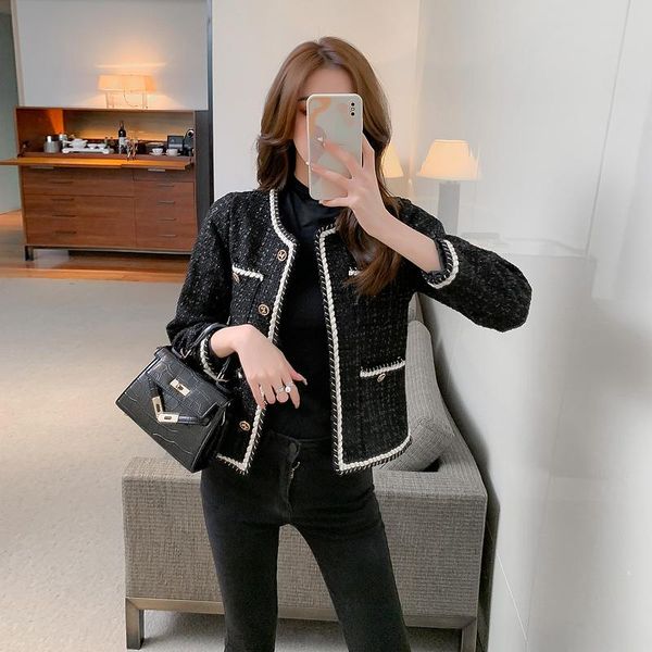 women's jackets retro small fragrance chic tweed jacket women 2021 autumn korean fashion french temperament female, Black;brown
women's jackets retro small fragrance chic tweed jacket women 2021 autumn korean fashion french temperament female, Black;brown