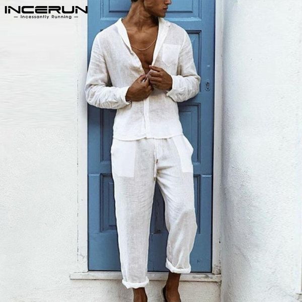 men's tracksuits 2021 men sets solid color cotton streetwear stand collar long sleeve shirt & pants 2 pieces casual suits incerun s-5xl, Gray 
men's tracksuits 2021 men sets solid color cotton streetwear stand collar long sleeve shirt & pants 2 pieces casual suits incerun s-5xl, Gray