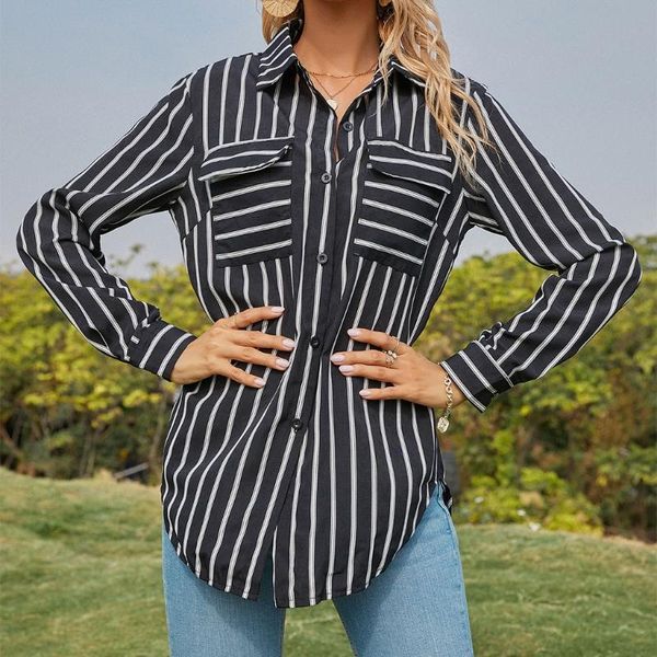 women's blouses & shirts women long sleeves buttons down v neck vertical striped loose shirt, White
women's blouses & shirts women long sleeves buttons down v neck vertical striped loose shirt, White