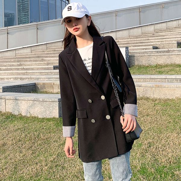 medium and long net red small suit coat women's spring autumn loose casual versatile striped, Black;brown
medium and long net red small suit coat women's spring autumn loose casual versatile striped, Black;brown