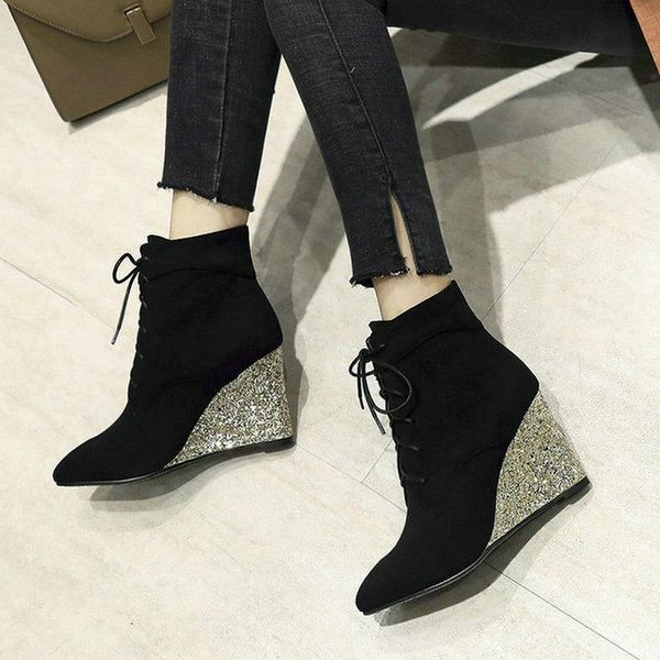 boots 2021 wflock women ankle fashion bling wedges short pointed toe lace up ladies shoes plus size 34-43, Black
boots 2021 wflock women ankle fashion bling wedges short pointed toe lace up ladies shoes plus size 34-43, Black