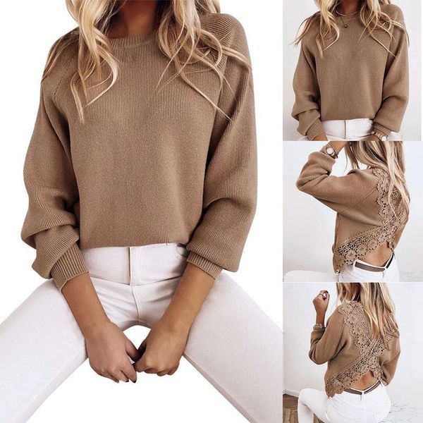 women's fashion round neck temperament halter lace long sleeve khaki t-shirt, White
women's fashion round neck temperament halter lace long sleeve khaki t-shirt, White